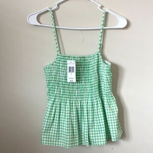 Freshman Women Smocked top Green White gingham Large Adjust straps Peplum NWT